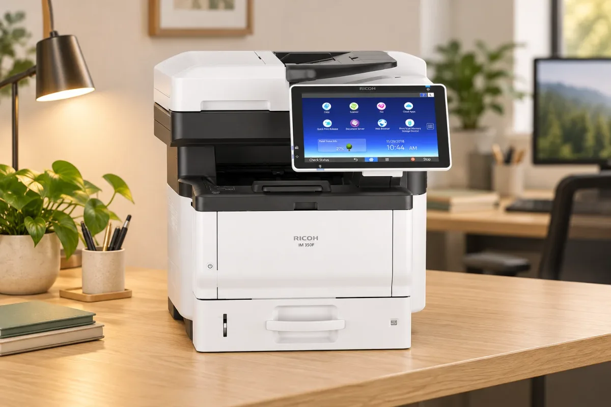 Ricoh IM 350F đặt trên bàn, máy được chiếu sáng nổi bật