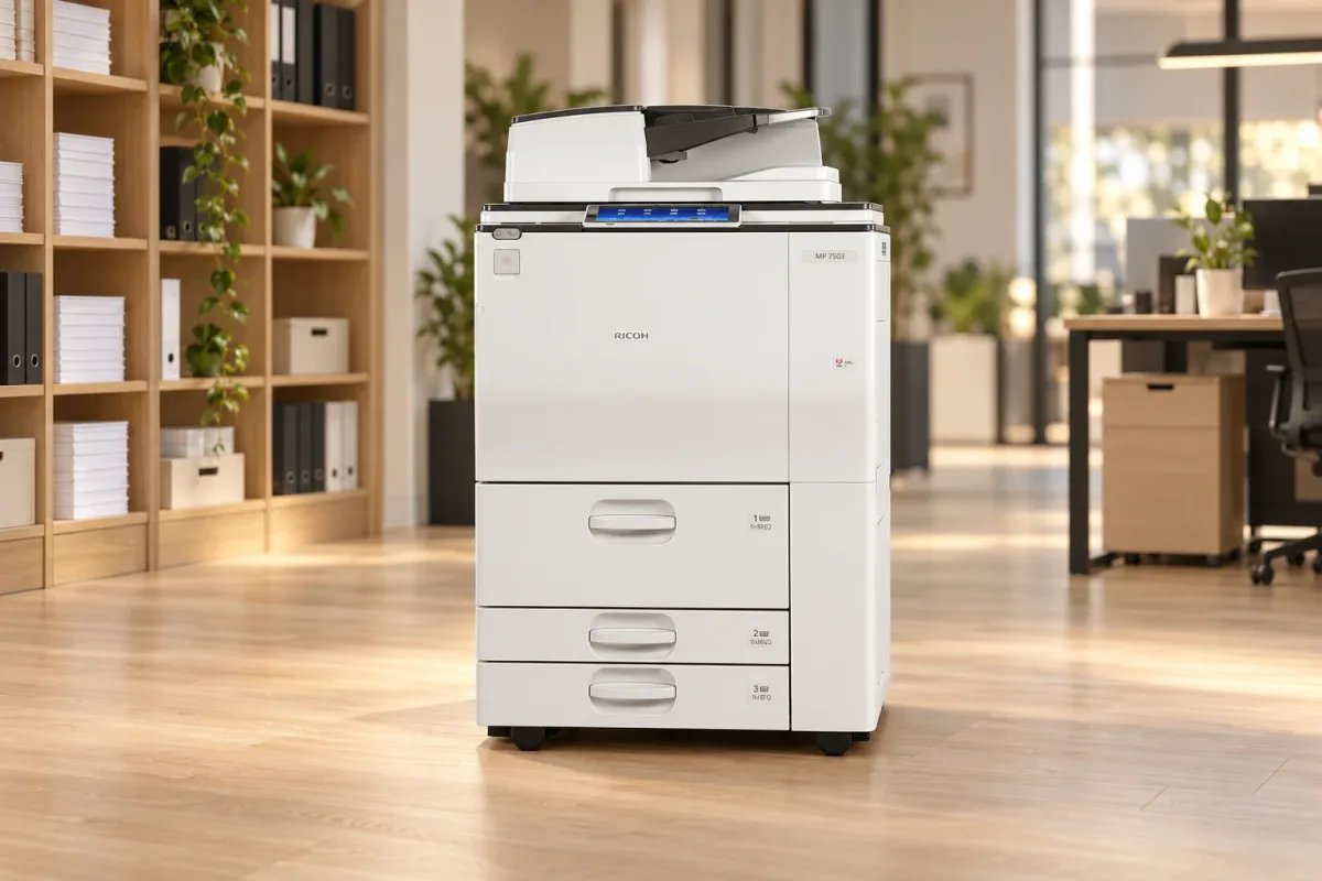 Ricoh MP 7503 đặt trên sàn trong văn phòng, máy được chiếu sáng nổi bật