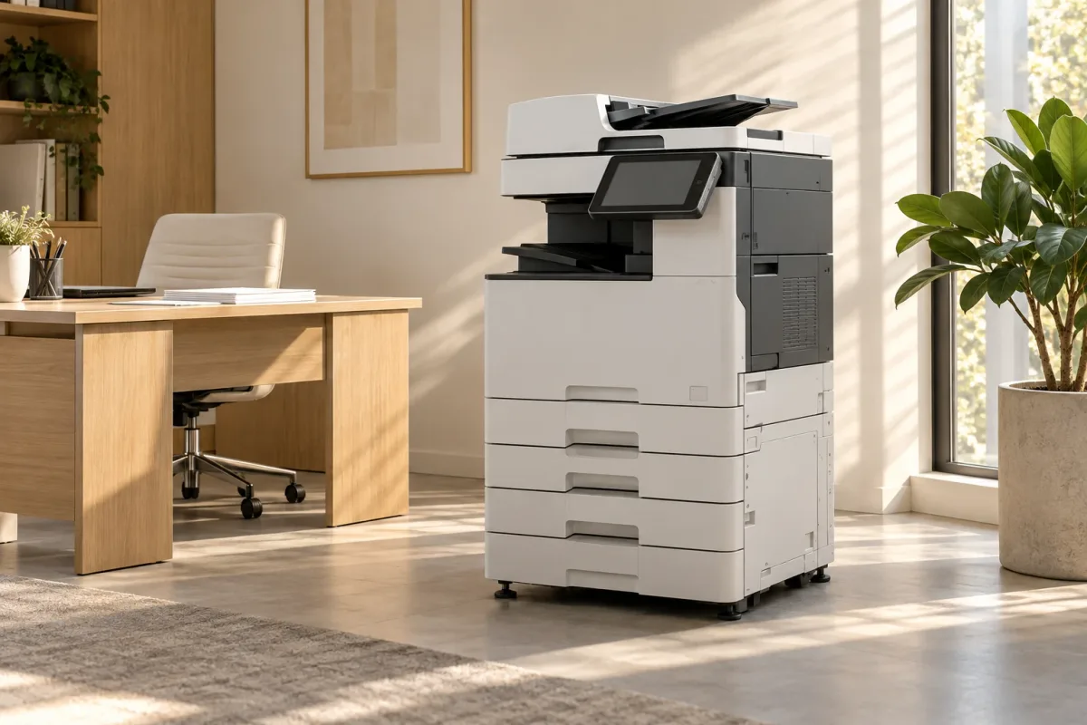 Máy photocopy trong văn phòng sáng, tối giản với nội thất gỗ và cây xanh